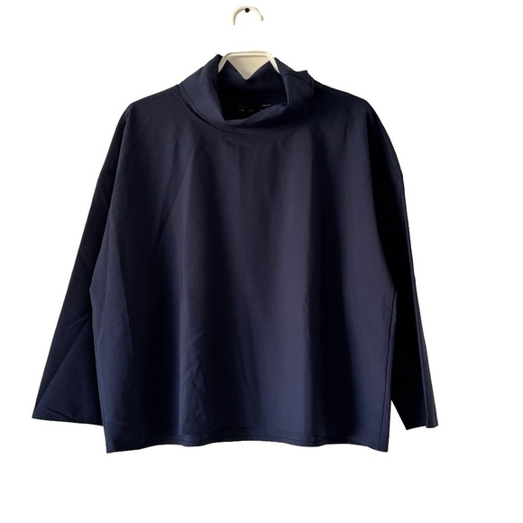 Club Monaco NWT navy 3/4 sleeve loose fit funnel neck top wool blend size S - Picture 3 of 13